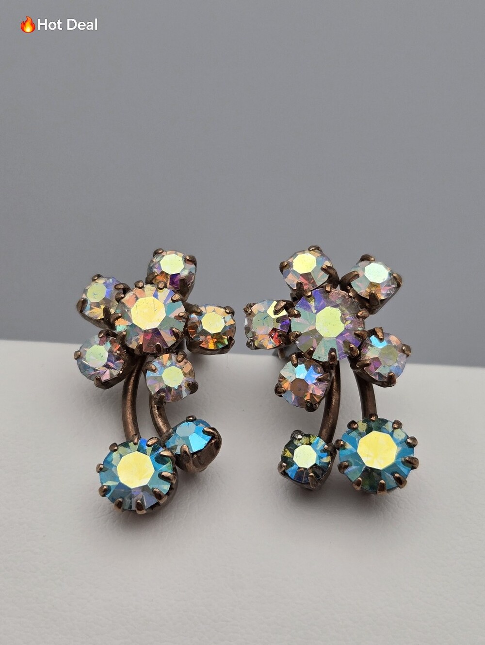 Vintage Aurora Borealis Rhinestone Flower Clip-On Earrings Gold Tone AB Crystal